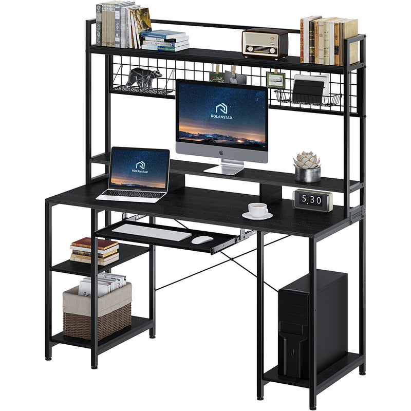 Rolanstar Computer Desk with Hutch and Keyboard Tray, 55" Office Desk with Storage Shelves, Studying Writing Desk Workstation for Home Office, Black