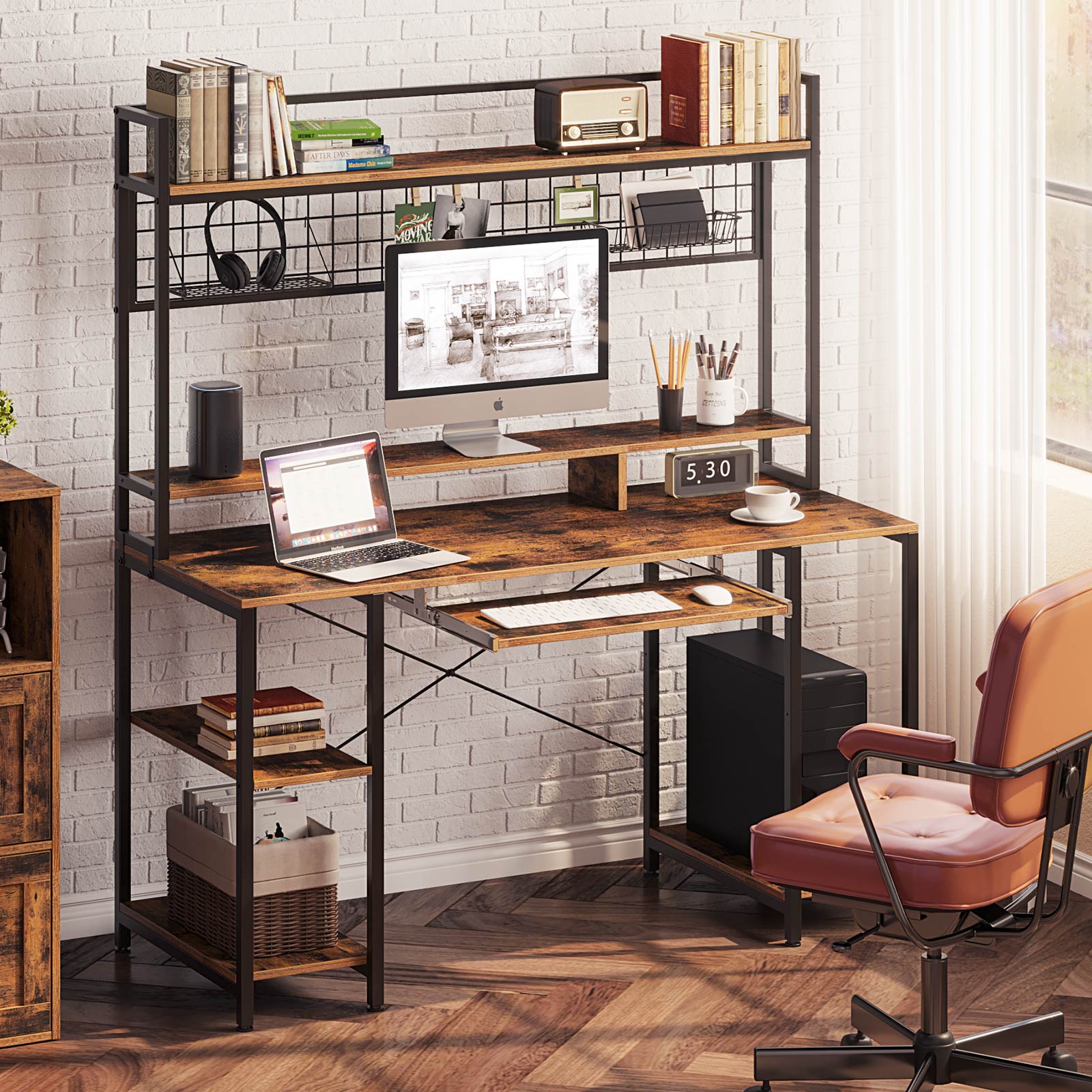 Rolanstar Computer Desk with Hutch and Keyboard Tray, 55