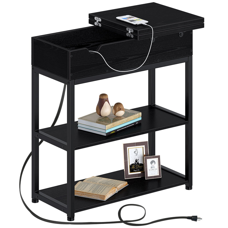 Rolanstar Flip Top Side Table with Power Outlet, 2-Tier Organizer Shelves