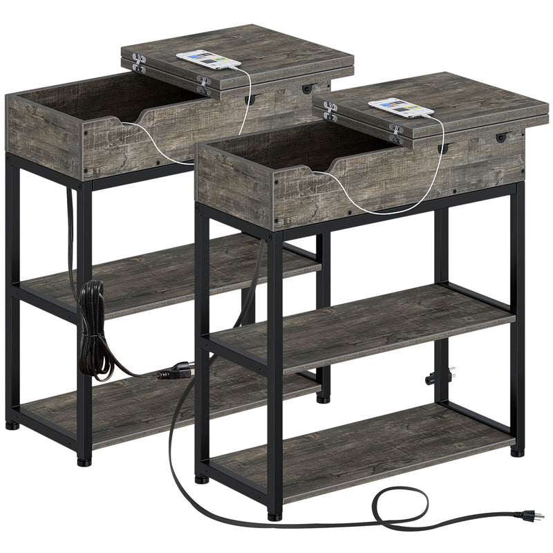 Rolanstar Flip Top Side Table with Power Outlet, 2-Tier Organizer Shelves