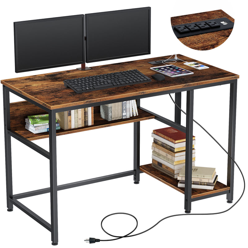 Rolanstar Computer Desk with Power Outlet, Side Storage Bag and Iron H