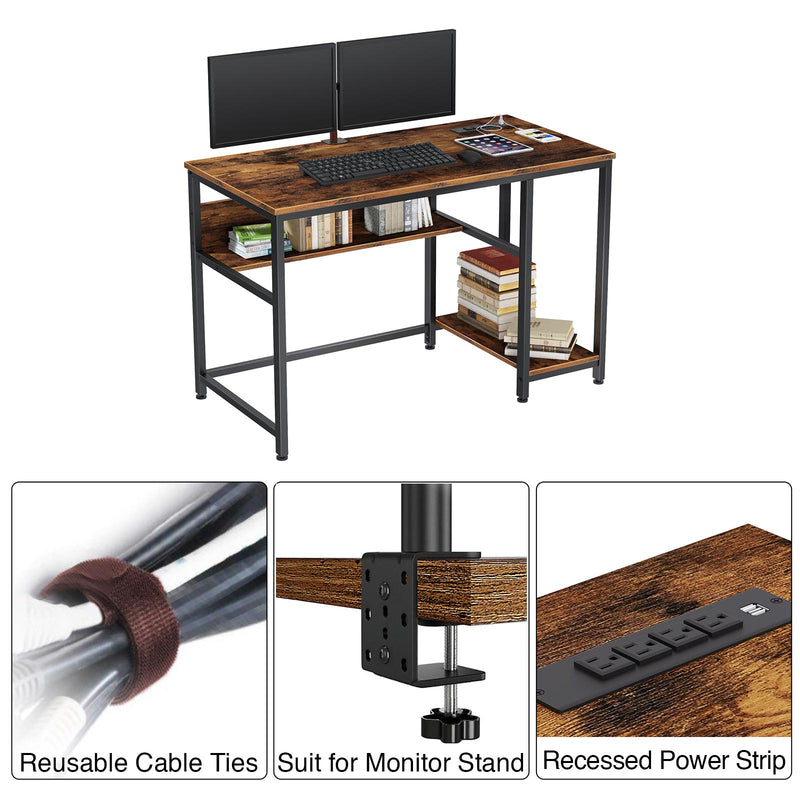 Rolanstar Metal Frame Computer Desk with Power Outlets and Storage Shelf 47 Inch
