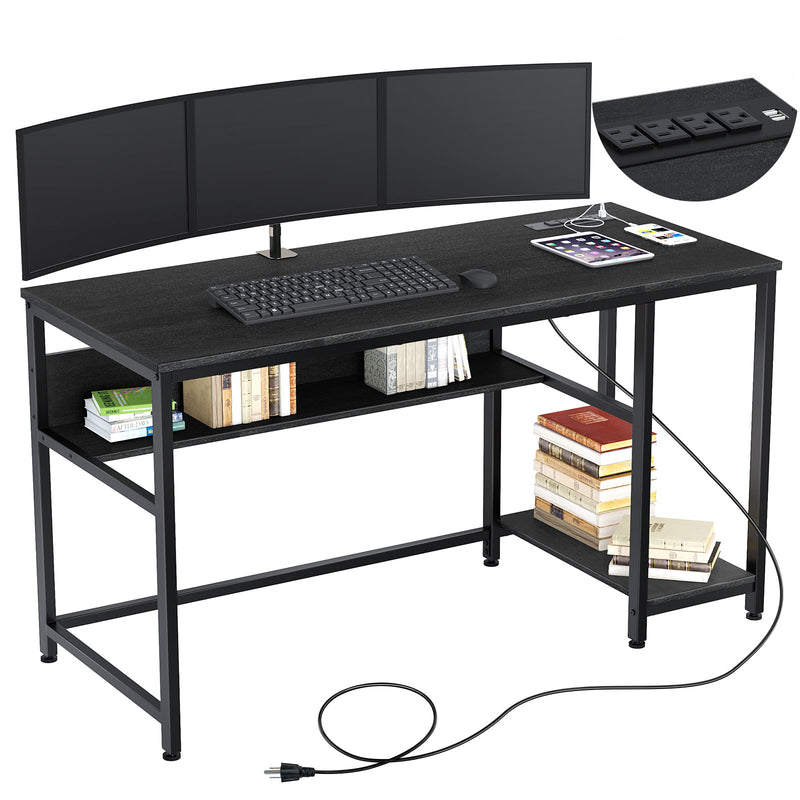 Rolanstar Metal Frame Computer Desk with Power Outlets and Storage Shelf 55 Inch