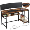 Rolanstar Metal Frame Computer Desk with Power Outlets and Storage Shelf 55 Inch