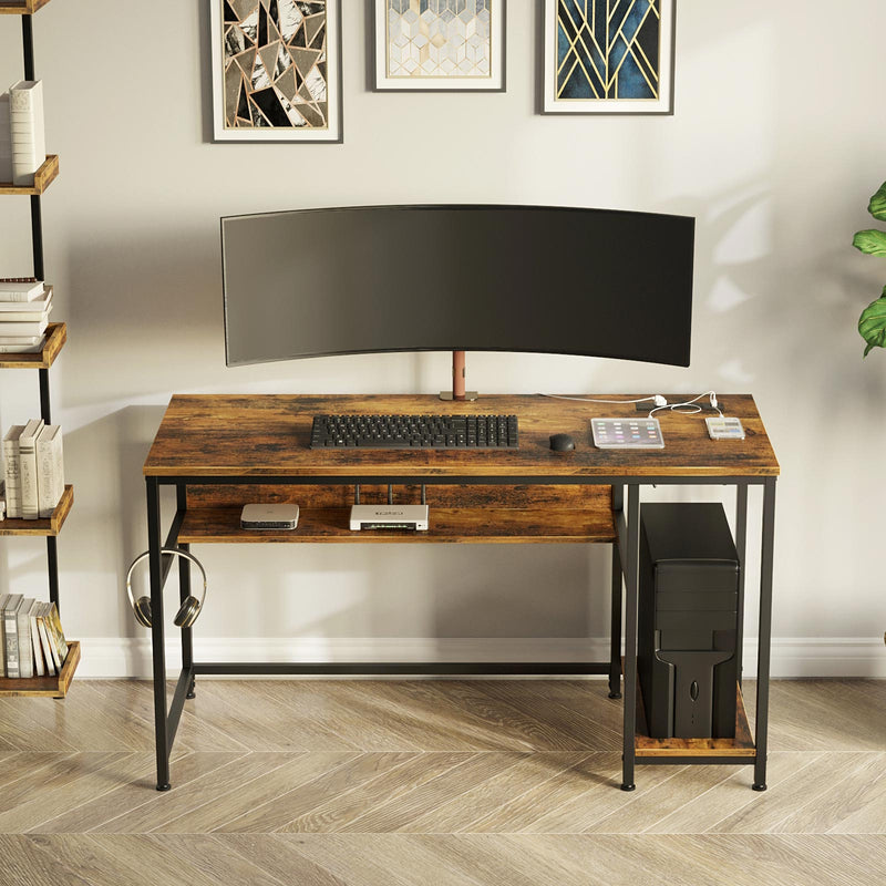 Rolanstar Metal Frame Computer Desk with Power Outlets and Storage Shelf 55 Inch