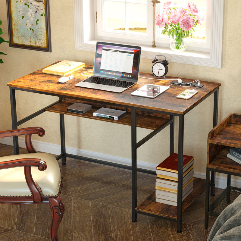 Rolanstar Metal Frame Computer Desk with Power Outlets and Storage Shelf 55 Inch