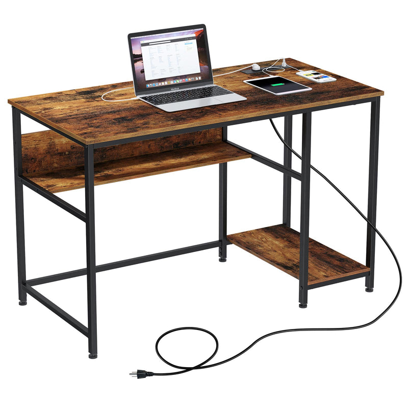 Rolanstar Metal Frame Computer Desk with Power Outlets and Storage Shelf 55 Inch