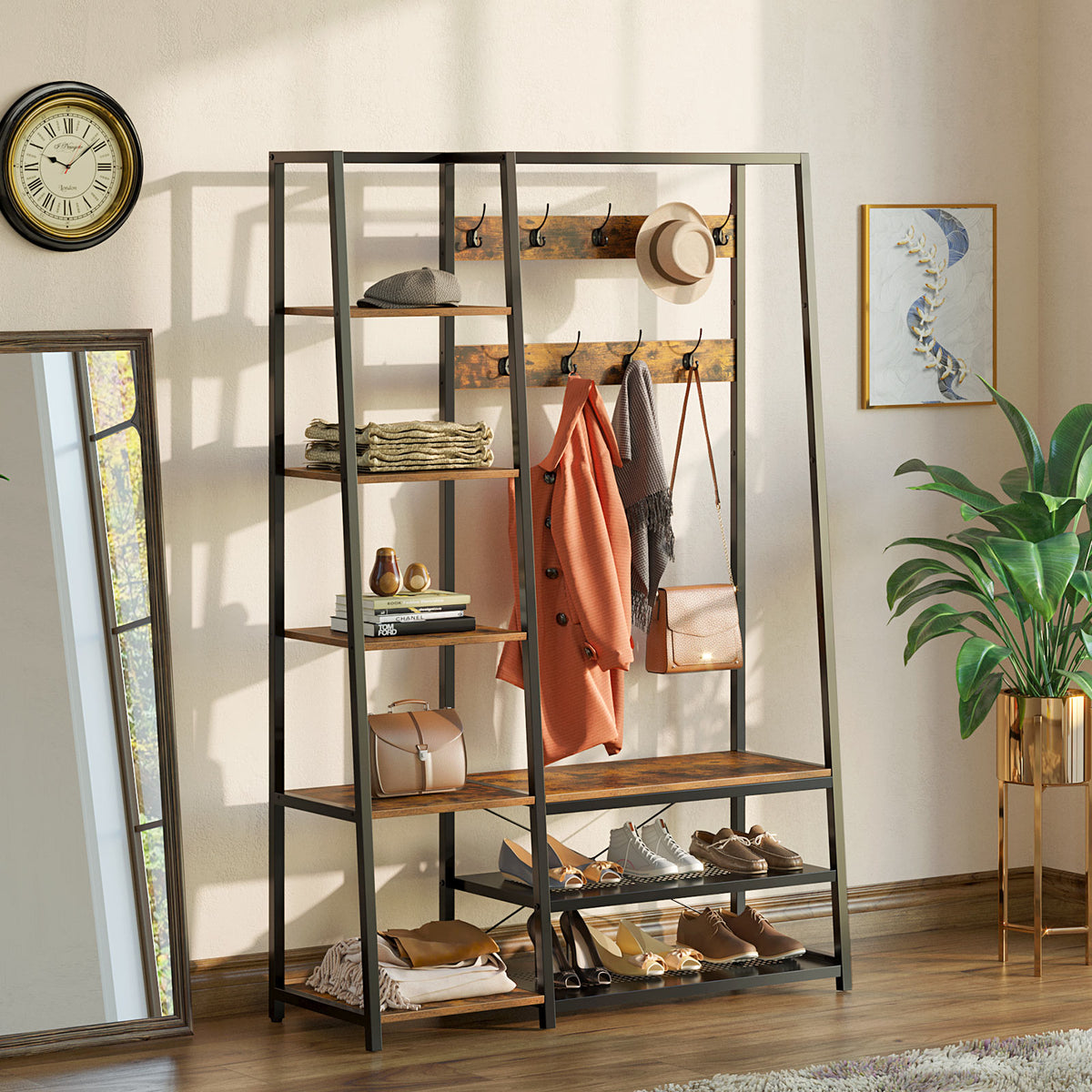 Hall tree with side shelves sale