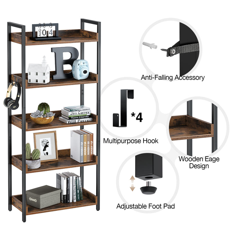 Rolanstar Multi-Tier Etagere Bookcase & Display Rack with side lip and 4 Hooks