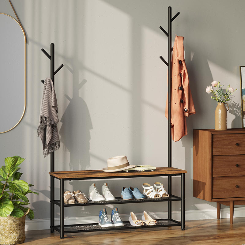 Rolanstar Shoe Bench with Coat Rack, 3-Tier Entryway Bench