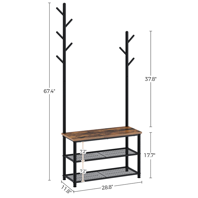 3-Tier Shoe Rack Industrial Shoe Bench with Storage Shelves-Brown