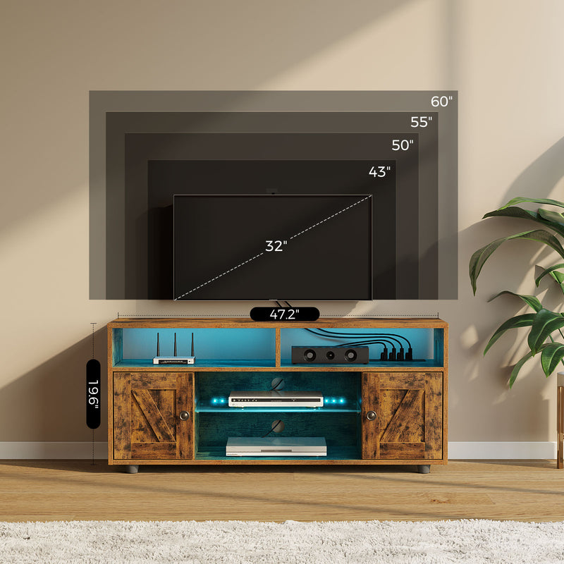 Tv Stand With Power Outlet, Farmhouse Rgb Light Entertainment Center With Storage Barn Door