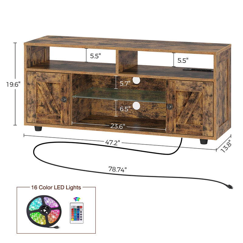 Tv Stand With Power Outlet, Farmhouse Rgb Light Entertainment Center With Storage Barn Door