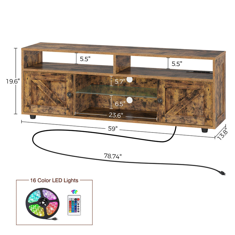 Tv Stand With Power Outlet, Farmhouse Rgb Light Entertainment Center With Storage Barn Door
