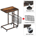 Rolanstar Rustic Side Table, C End Table with Storage Basket and Wheels