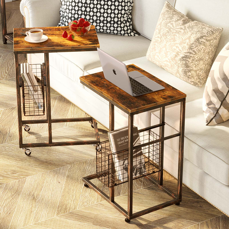 Rolanstar Rustic Side Table, C End Table with Storage Basket and Wheels