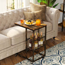 Rolanstar Rustic Side Table, C End Table with Storage Basket and Wheels