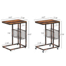 Rolanstar Rustic Side Table, C End Table with Storage Basket and Wheels