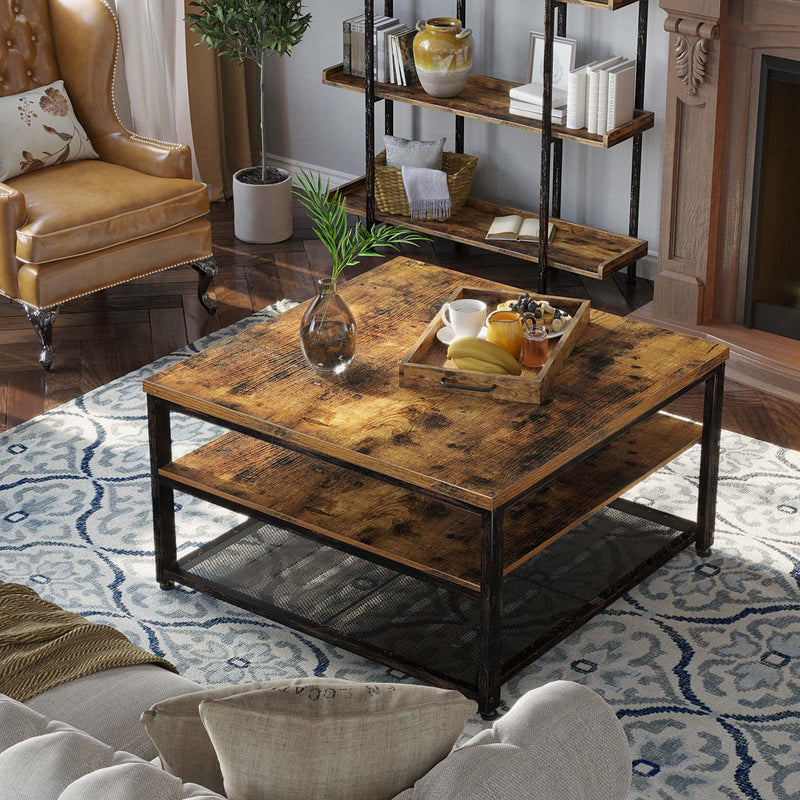Rolanstar Industrial Coffee Table with Storage Shelves 3-Tier Square Cocktail Table