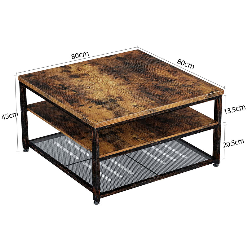 Rolanstar Industrial Coffee Table with Storage Shelves 3-Tier Square Cocktail Table