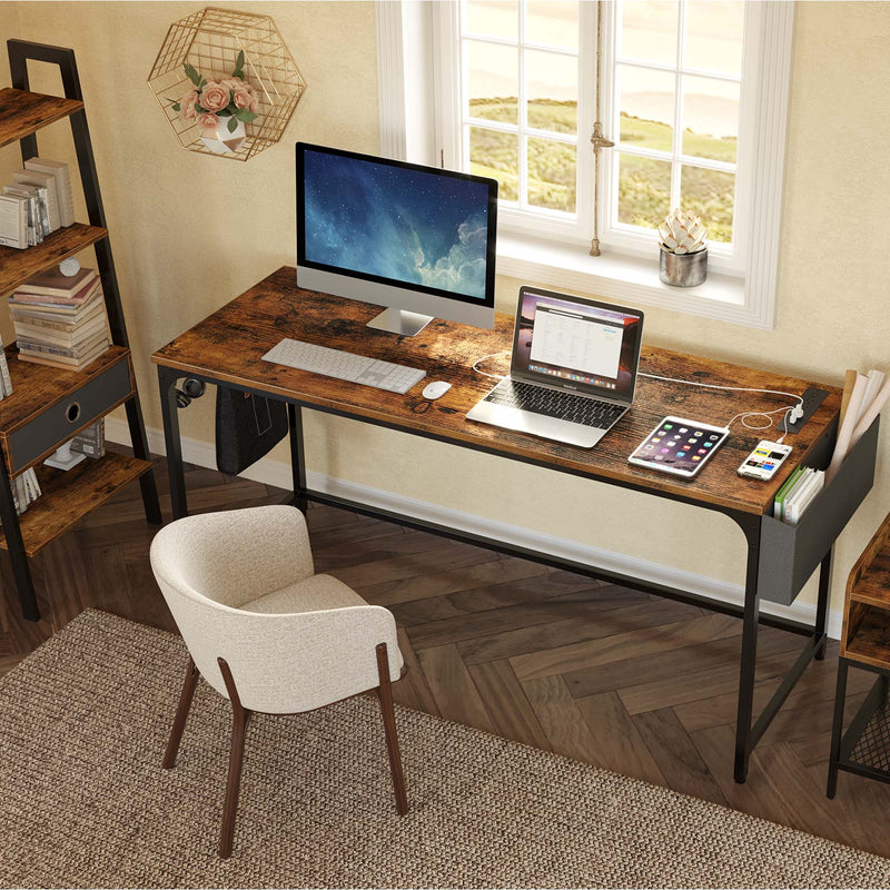Rolanstar Computer Desk with Power Outlet, Side Storage Bag and Iron H