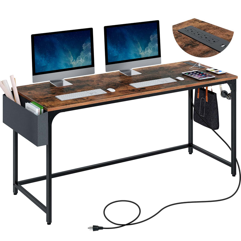 Rolanstar Computer Desk with Power Outlet, Side Storage Bag and Iron Hooks 63 Inch