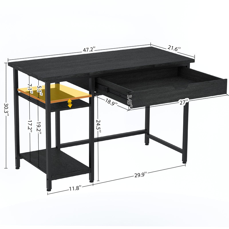 Rolanstar Computer Desk with Storage Shelf, Drawer and Iron Hooks 47 Inch