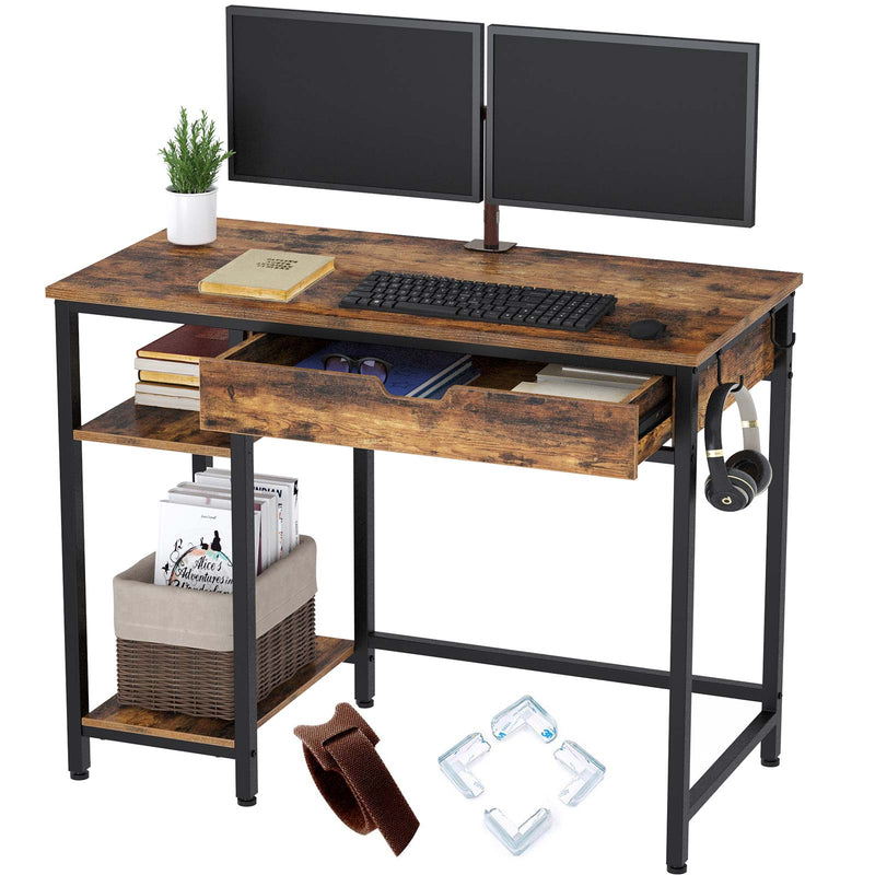 Rolanstar Computer Desk with Storage Shelf, Drawer and Iron Hooks 39 Inch