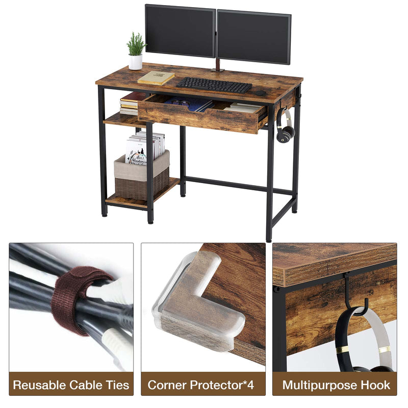 Rolanstar Computer Desk with Storage Shelf, Drawer and Iron Hooks 39 Inch