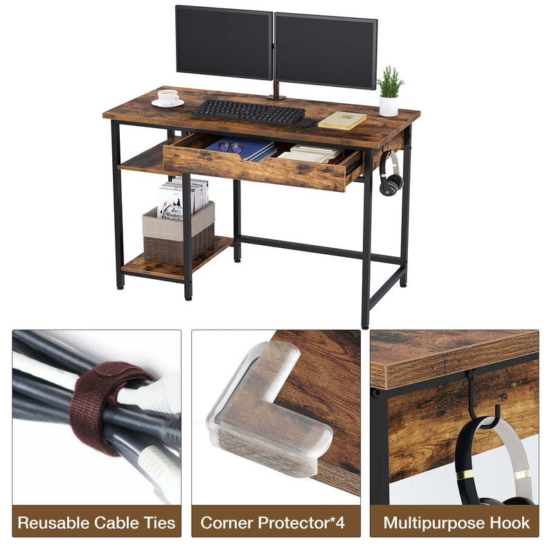 Rolanstar Computer Desk with Storage Shelf, Drawer and Iron Hooks 47 Inch