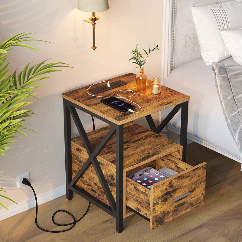 Rolanstar Farmhouse Nightstand with Wireless Charger, USB Port and Power Outlet