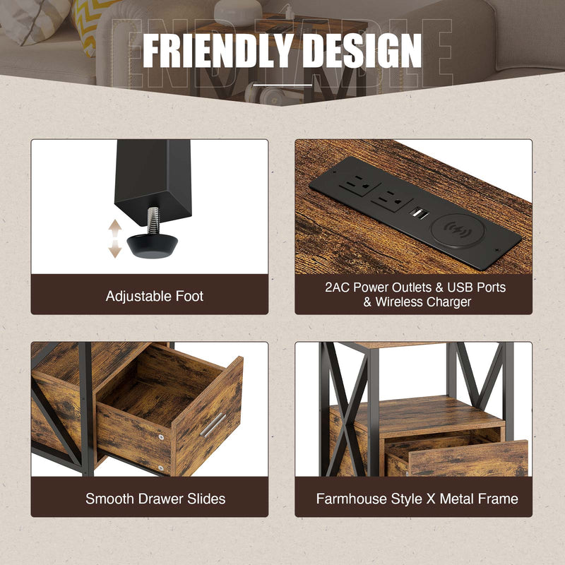 Rolanstar Farmhouse Nightstand with Wireless Charger, USB Port and Power Outlet