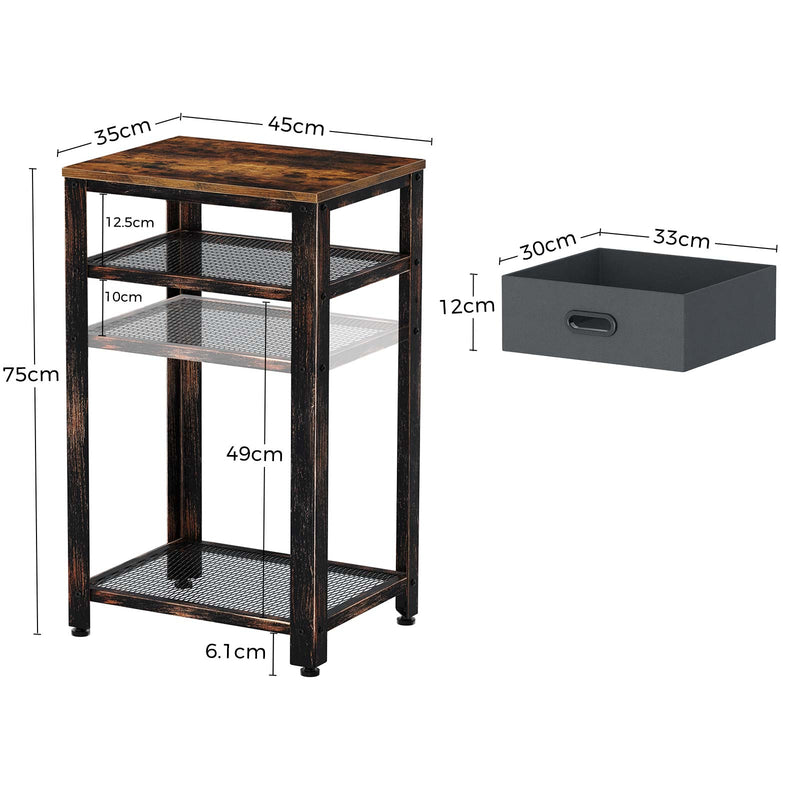 Rolanstar Side Table, Telephone Table with Storage Bin, Height Adjustable Mesh Shelves and Stable Metal Frame