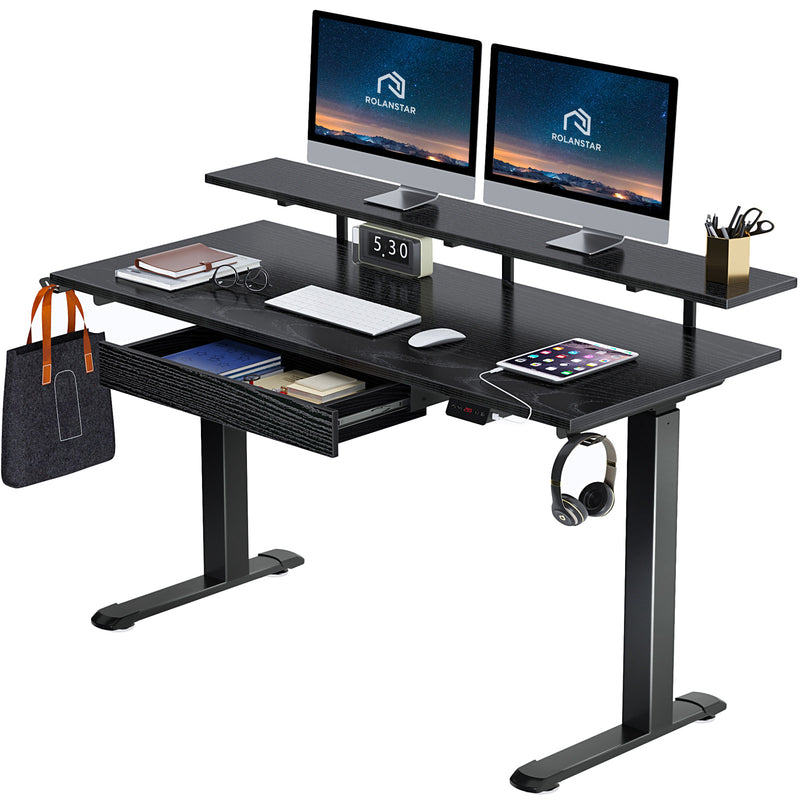 Rolanstar Height Adjustable Dual Motor Standing Desk with Drawer, USB Charging Ports and Hooks 55 Inch