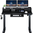 Rolanstar Height Adjustable Desk 47", Standing Desk with Keyboard Tray and Monitor Shelf, Electric Standing Table with Double Headphone Hooks, Rustic Brown