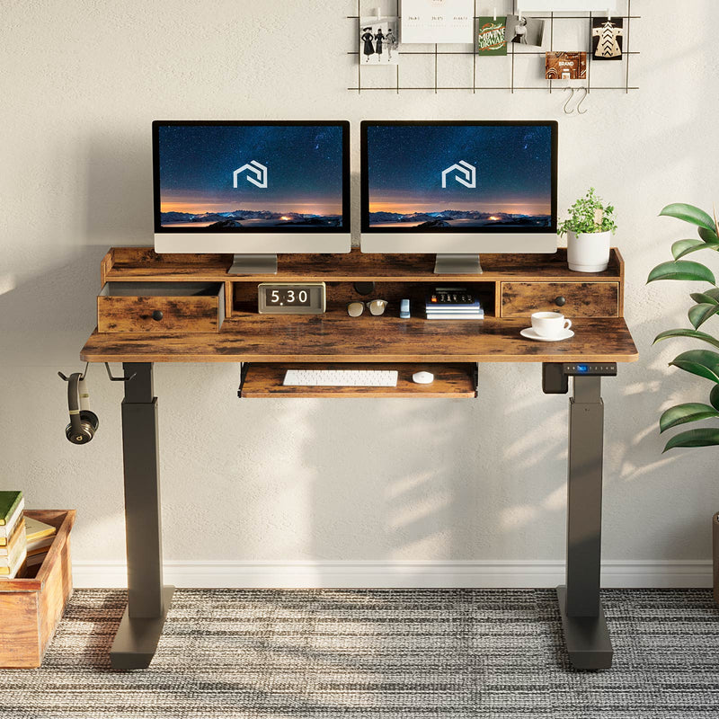 Rolanstar Height Adjustable Desk 47", Standing Desk with Keyboard Tray and Monitor Shelf, Electric Standing Table with Double Headphone Hooks, Rustic Brown