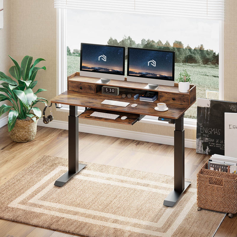 Rolanstar Height Adjustable Desk 47", Standing Desk with Keyboard Tray and Monitor Shelf, Electric Standing Table with Double Headphone Hooks, Rustic Brown