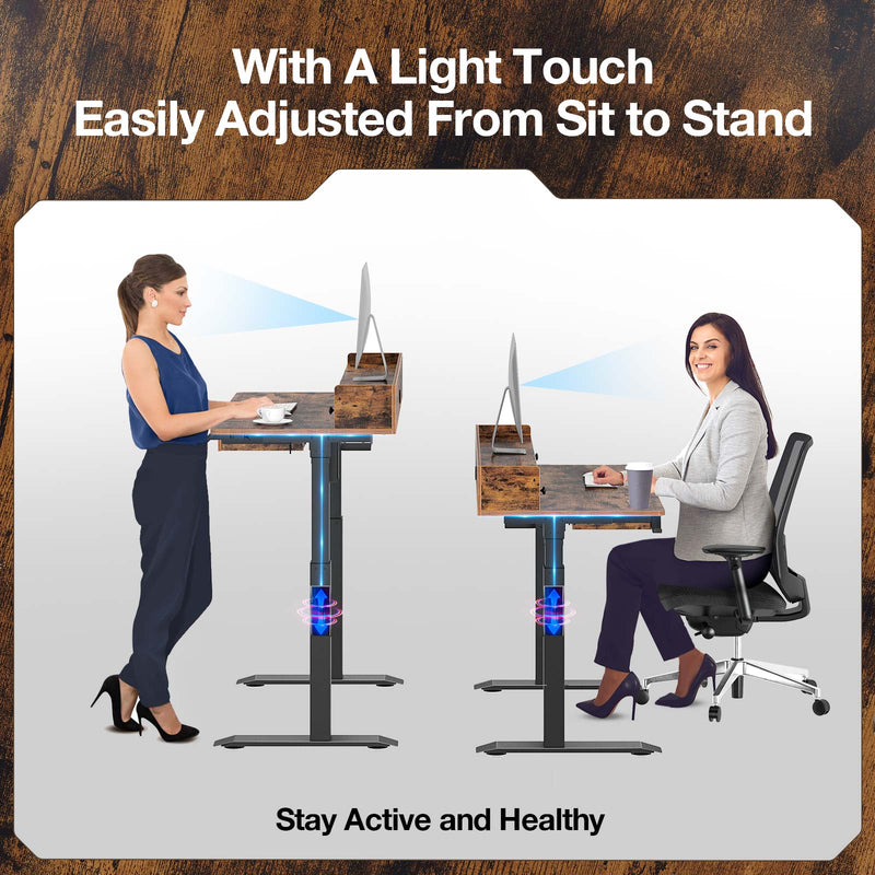 Rolanstar Height Adjustable Desk 47", Standing Desk with Keyboard Tray and Monitor Shelf, Electric Standing Table with Double Headphone Hooks, Rustic Brown