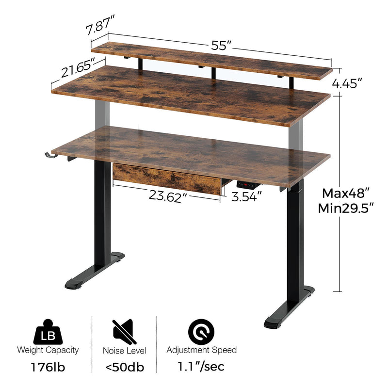 Rolanstar Height Adjustable Dual Motor Standing Desk with Drawer, USB Charging Ports and Hooks 55 Inch