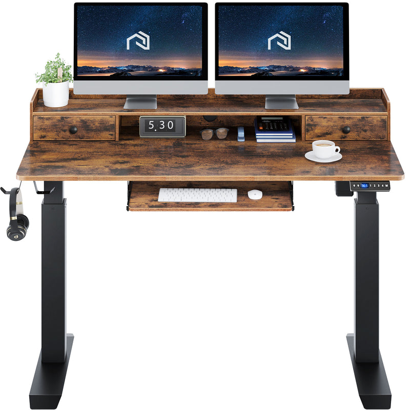 Rolanstar Height Adjustable Desk 47", Standing Desk with Keyboard Tray and Monitor Shelf, Electric Standing Table with Double Headphone Hooks, Rustic Brown