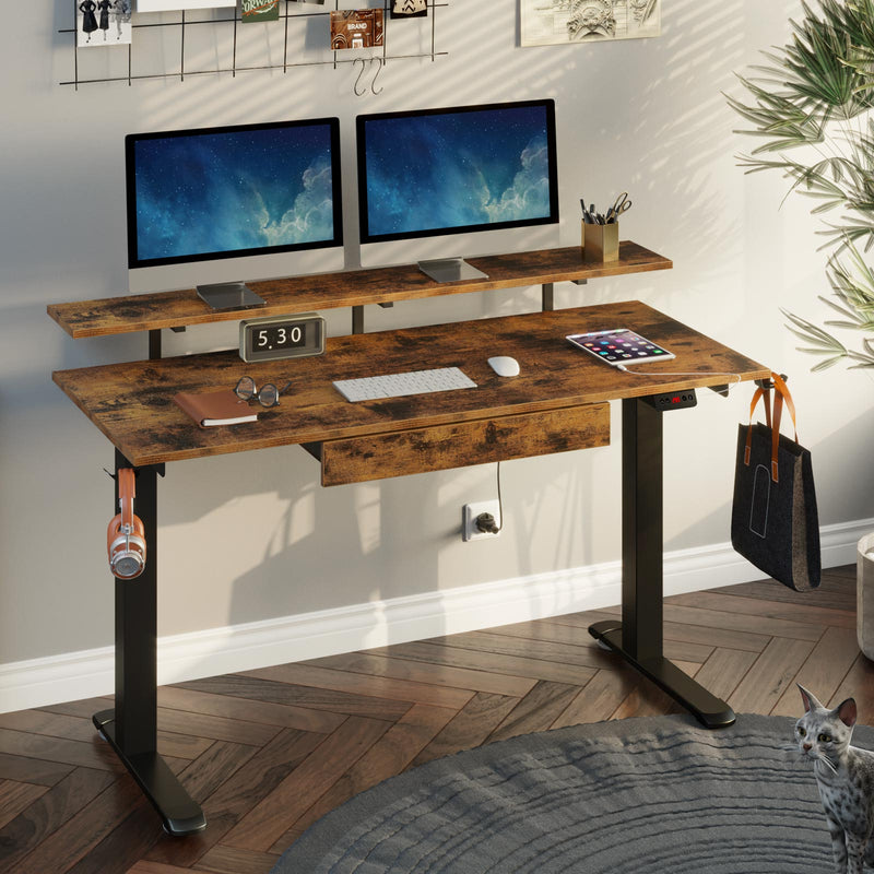 Rolanstar Height Adjustable Dual Motor Standing Desk with Drawer, USB Charging Ports and Hooks 55 Inch