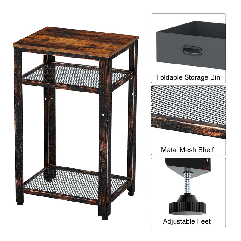 Rolanstar Side Table, Telephone Table with Storage Bin, Height Adjustable Mesh Shelves and Stable Metal Frame
