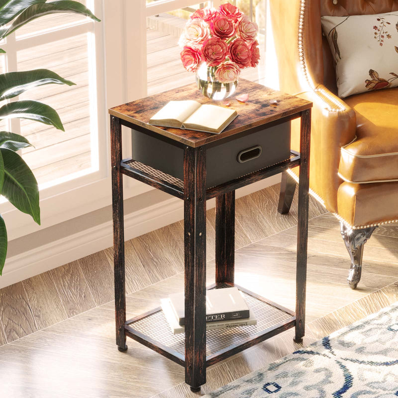 Rolanstar Side Table, Telephone Table with Storage Bin, Height Adjustable Mesh Shelves and Stable Metal Frame
