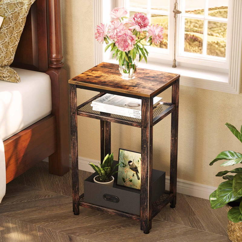 Rolanstar Side Table, Telephone Table with Storage Bin, Height Adjustable Mesh Shelves and Stable Metal Frame