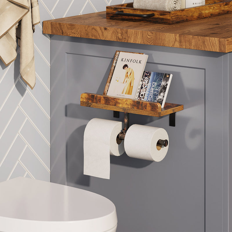 Rolanstar Wall Mounted Double Roll Toilet Paper Holder with Wood Shelf