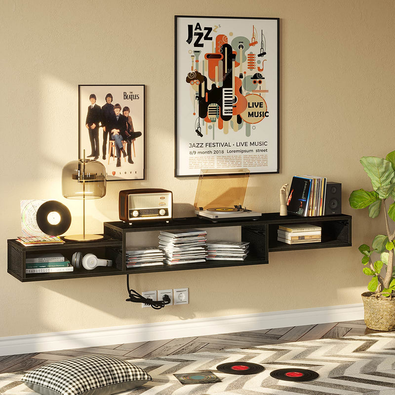 Rolanstar Wall Mounted TV Stand with Power Outlet 59 Inch Black
