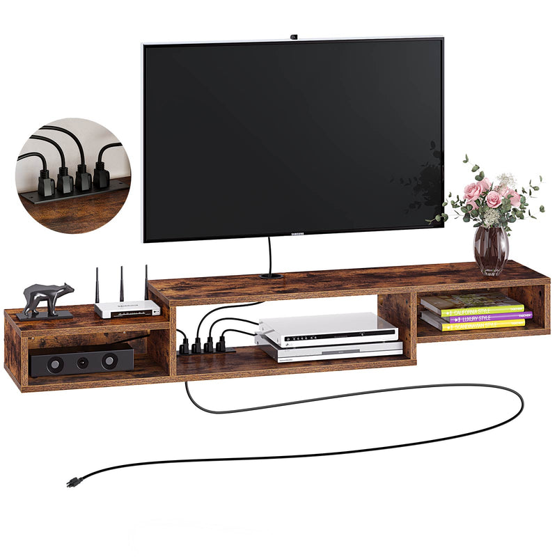Rolanstar Wall Mounted TV Stand with Power Outlet 59 Inch Brown