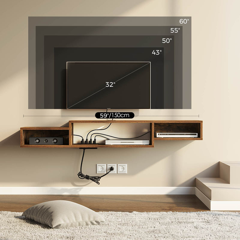 Rolanstar Wall Mounted TV Stand with Power Outlet 59 Inch Brown